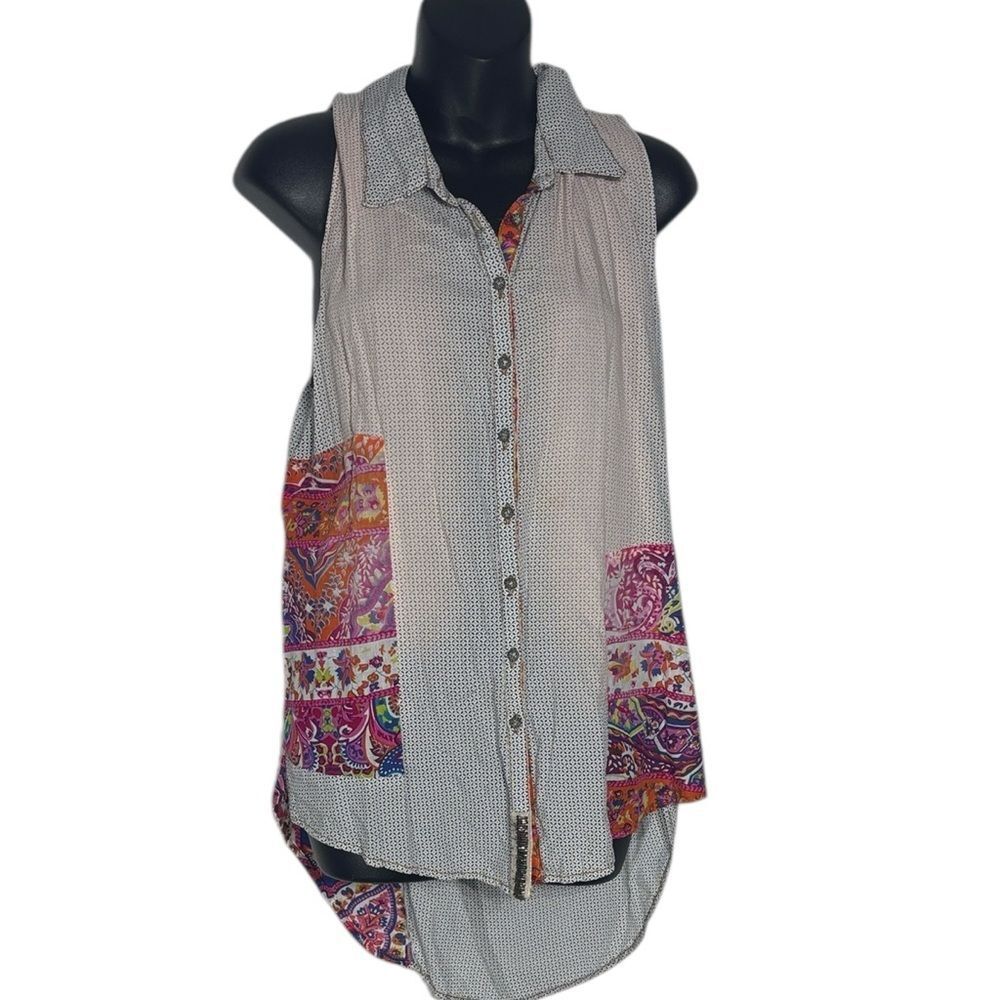 Aratta silent journey women’s medium mixed media button down boho floral‎